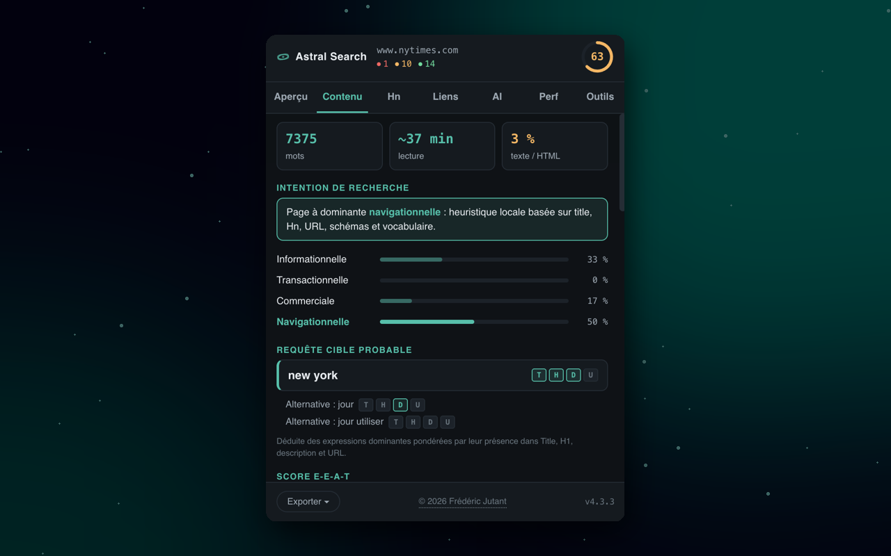 Onglet Contenu d'Astral Search : intention de recherche, requête cible probable et score E-E-A-T.