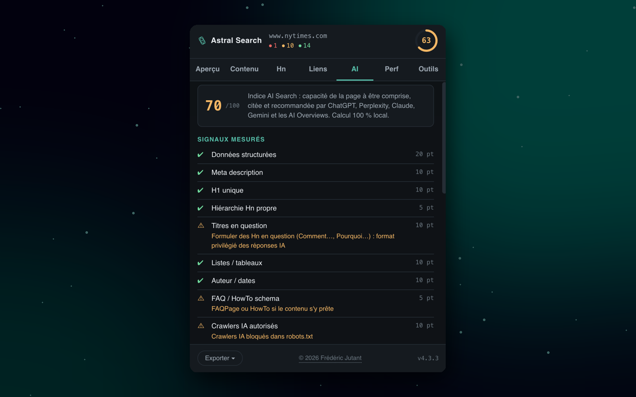Onglet AI d'Astral Search : indice AI Search, crawlers IA autorisés et points de vigilance GEO.
