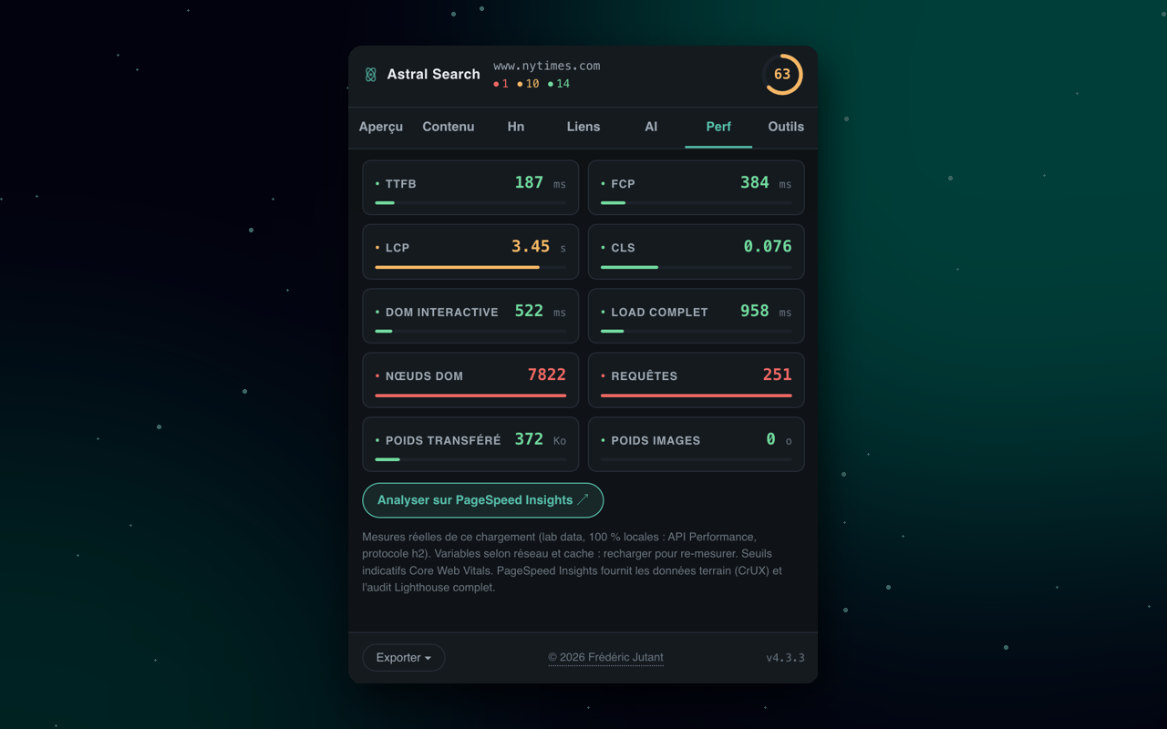 Onglet Perf d'Astral Search : Core Web Vitals mesurés localement sur le chargement réel de la page.
