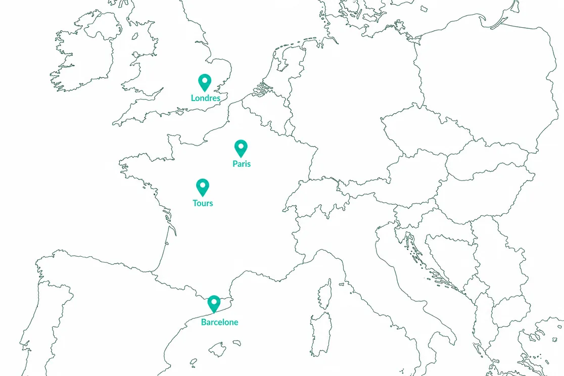 Carte Europe — Paris, Barcelone, Londres, Tours
